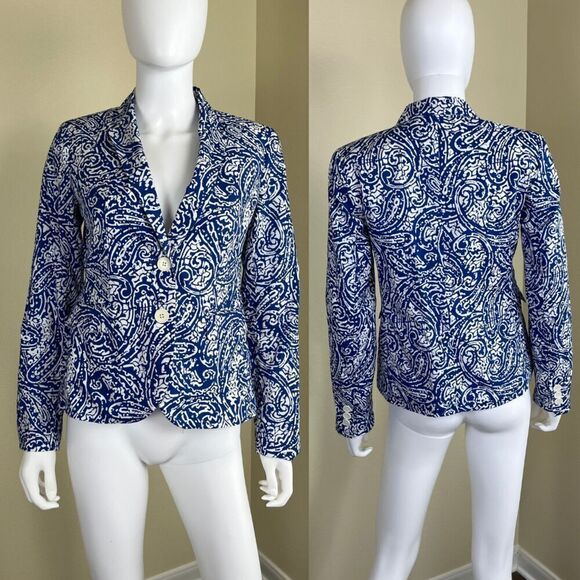 Talbots Womens Size 2 Blue Pasiley Cotton Double Breasted Blazer Jacket Nautical - Picture 1 of 15